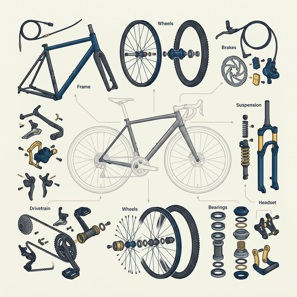 Exploded bicycle diagram labeling frame, wheels, brakes, drivetrain, suspension, bearings, and headset