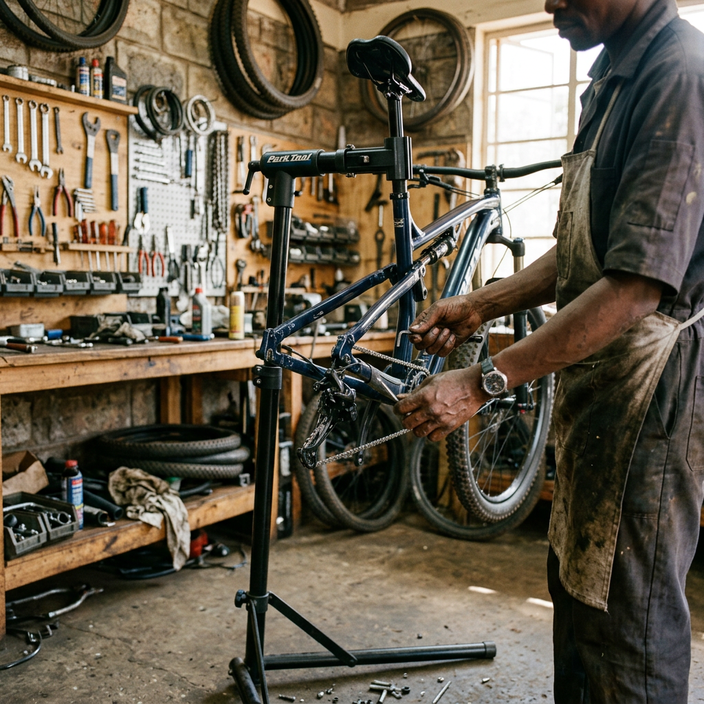 Mechanic repairing a bicycle mounted on a repair stand
