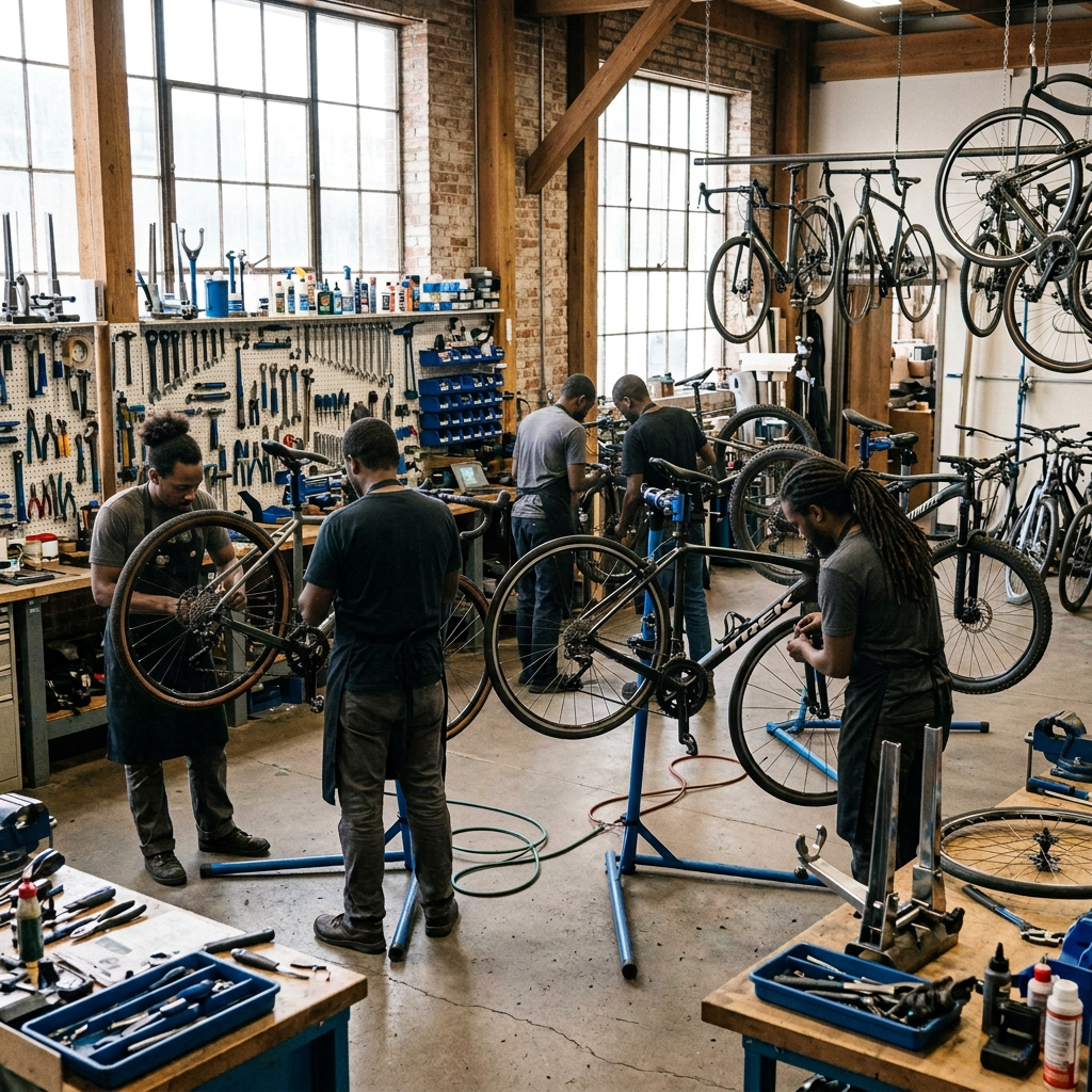 Four mechanics repairing bicycles in a well-equipped workshop